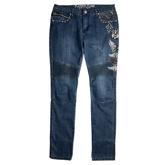 Platinum Plush LA 4991 Women's Biker Moto Jeans  Size 13  Embellished Gothic - Picture 2 of 16